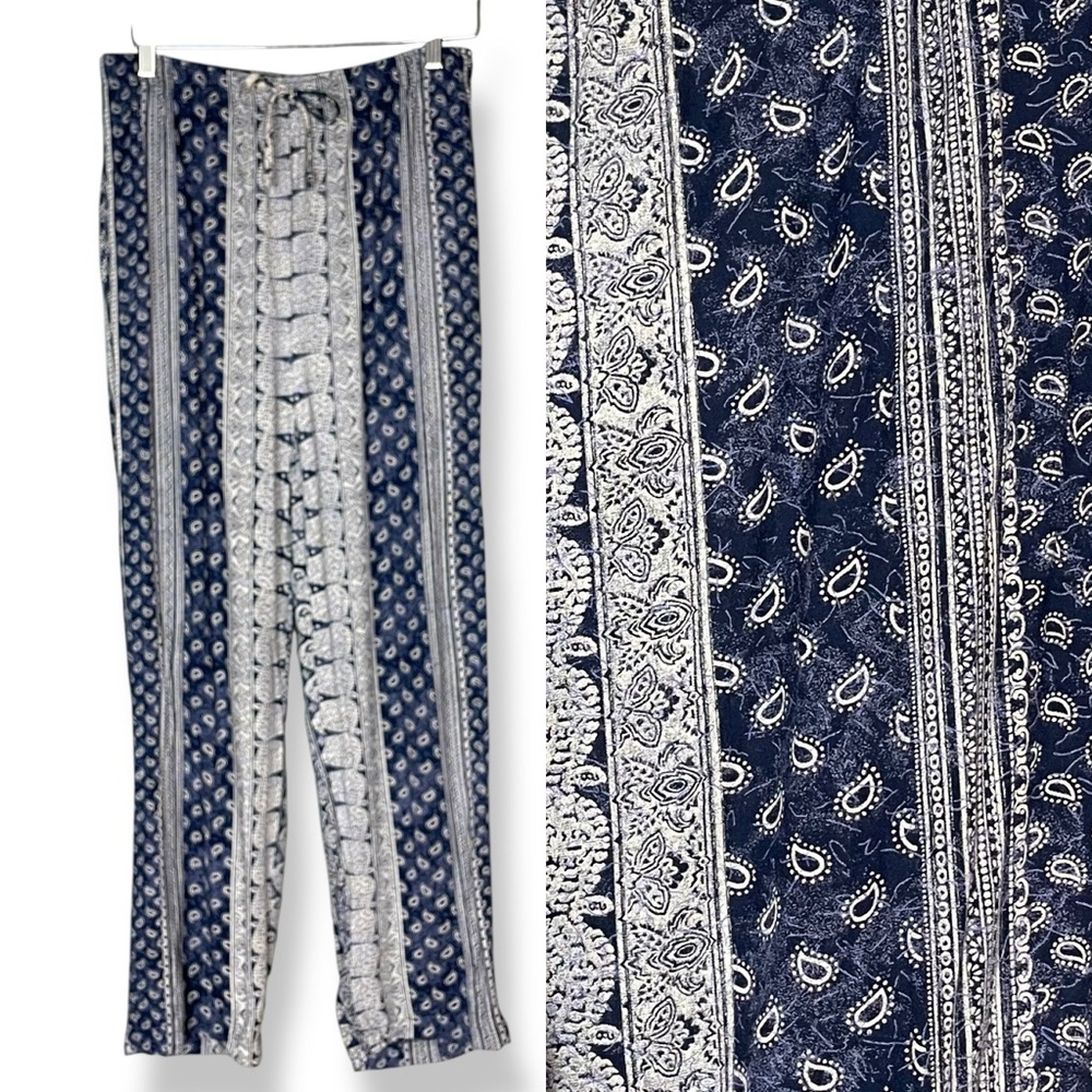Vintage Boho Pants Women Paisley‎ Stripes Elastic Waist Slight Taper Blue White